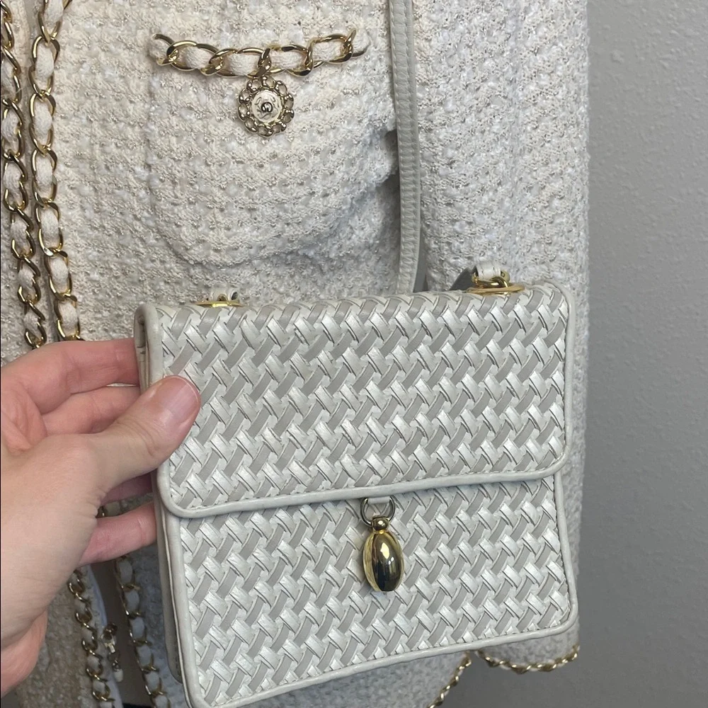 Genuine Leather Beige Silver Cream Woven Crossbody Bag with Gold Accent